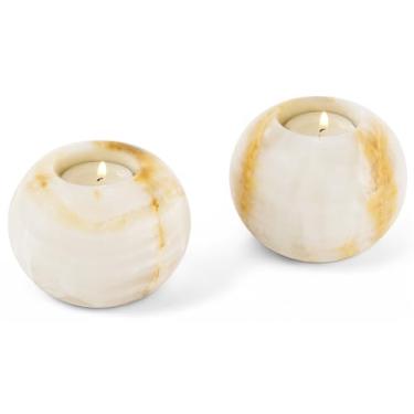 Imagem de SPESHSTONES Castiçal de mármore Tealight Castiçais votivos de Natal de pedra ônix branca de 10 cm para mesas de centro de mesa, presentes e decoração de quarto, castiçais decorativos para decorações