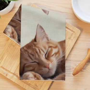 Imagem de Toalhas de cozinha fofas para gatos adormecidos, pano de prato de microfibra absorvente decorativo de gatinho caprichoso, toalhas de mão macias de waffle para decoração de casa de banho, presentes