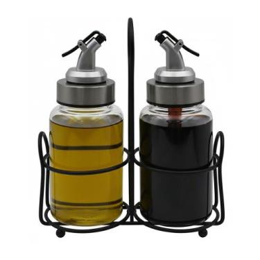 Imagem de Conjunto Galheteiro Jogo 2 Garrafas de Azeite Vinagre 290ml com Suport