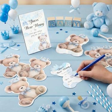 Imagem de Colarr Guess How Many Game Bear Guess How Many Placa de mesa de madeira azul para chá de bebê com 50 cartões de urso chá de bebê jogo revelar gênero decorações de festa atividades de festa