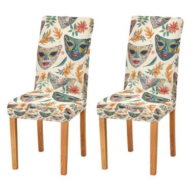 Imagem de Blueangle Conjunto de 2 capas de cadeira de jantar com padrão de máscaras elásticas laváveis para casa, cozinha e banquete (50)