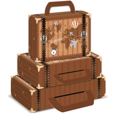 Imagem de 6 peças de caixa de viagem vintage grande decorações de festa marrom mala decorativa conjunto de caixa de presente de viagem empilhável armazenamento de papelão suprimentos para aniversário