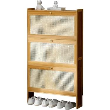 Imagem de Sapateiras de pé independentes armário de sapatos ultrafino com 3 gavetas flip armário de armazenamento de porta de tecelagem de vime para tênis, sandálias, chinelos, sapateira, organizador