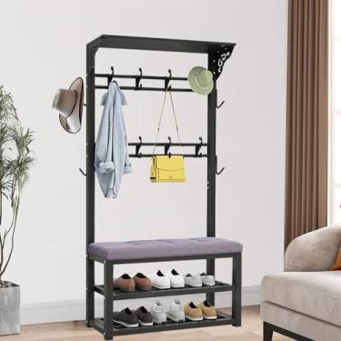 Imagem de SLGGPJBU Suporte de casaco com sapateiras de 2 níveis, cabideiro de metal com banco e prateleira de sapatos, árvore de corredor livre com ganchos, fácil de montar para entrada corredor quarto - 80/100