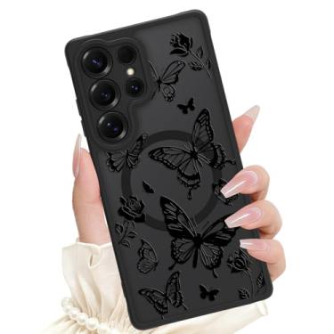 Imagem de SAKUULO Capa magnética para Samsung Galaxy S25 Ultra de 6,9 polegadas, compatível com Magsafe Cute Black Butterfly Pattern Silicone Proteção para câmera Matte Translúcida Capa de telefone para