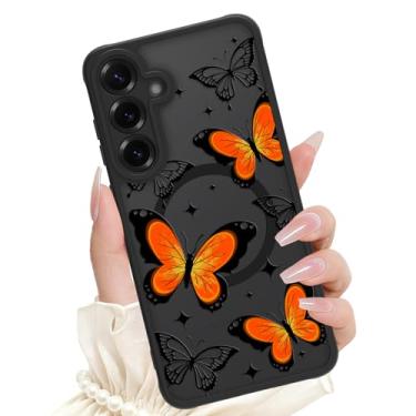 Imagem de SAKUULO Capa magnética para Samsung Galaxy S25 Plus de 6,7 polegadas, compatível com Magsafe capa de telefone translúcida fosca com estampa de borboleta laranja fofa de silicone para mulheres e