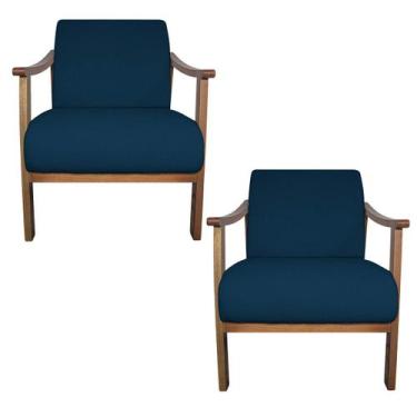 Imagem de Kit 02 Poltrona Liz Base Madeira Suede - Amarena Móveis, Azul Marinho