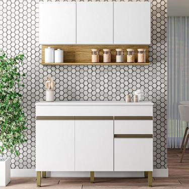 Imagem de Balcão Com Tampo E Armário Aéreo 120 Cm Line Ktp Supremo Cp Freijo