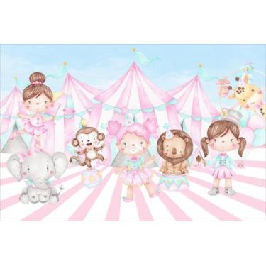 Imagem de Painel de Tecido Sublimado Circo Aquarela Rosa Animais Palhacinhas Bar