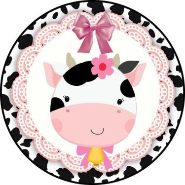 Imagem de Painel em Lona Redondo Vaquinha Manchas Laço Rosa - Fabrika de Festa, 