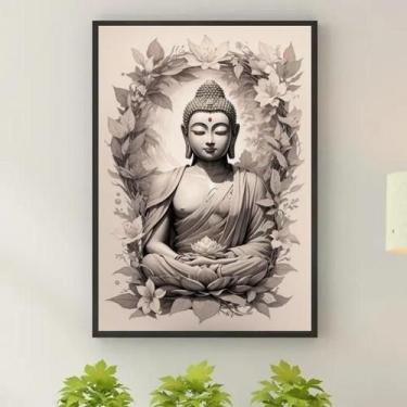 Imagem de Quadro Decorativo Buda Cinza E Bege 33X24Cm - Com Vidro - Quadros On-L