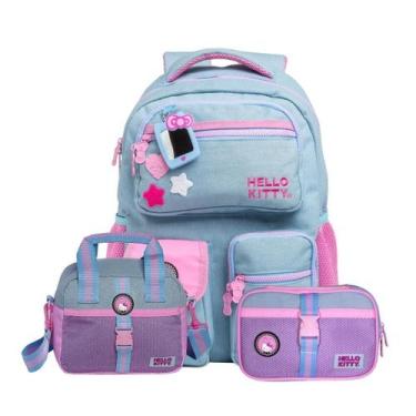 Imagem de Kit Mochila Costas Hello Kitty Jeans Lancheira Estojo Azul
