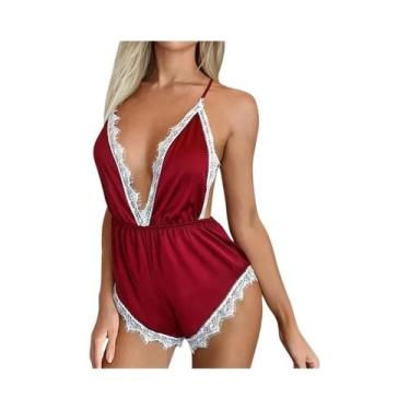 Imagem de Macacão Feminino Elegante Em Cetim Vermelho Sem Mangas Com Detalhes Em