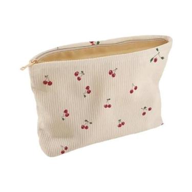 Imagem de Bolsa De Maquiagem Leve Em Corduroy Com Estampa De Cereja, Caixa De Ar
