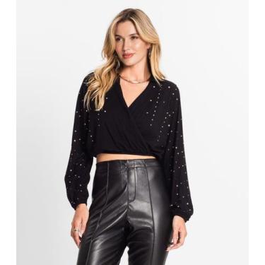 Imagem de Camisa Feminina Manga Longa Com Strass Endless Preto, G, Preto