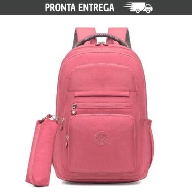 Imagem de Mochila Escolar de Nylon Feminina Reforçada + Estojo Impermeável Compa