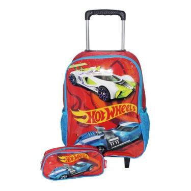 Imagem de Kit Mochila Hot Wheels Estojo Infantil Rodinhas Oficial Esco