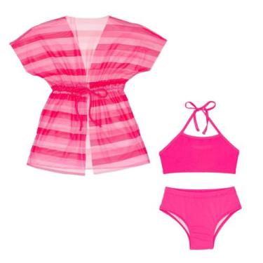 Imagem de Biquíni Liso Forrado Menina + Saída De Praia Tule Infantil - Fofotinho