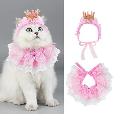 Imagem de Bandana de gato Legendog para gatos, fantasias de gato de princesa para gatos, bandanas fofas de renda para cães e coroa de gatos acessórios para gatos pequenos e rosa para festa de aniversário (B-Rosa)