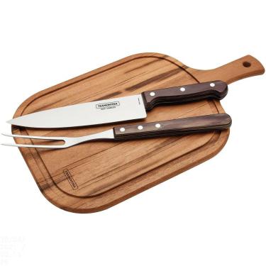 Imagem de Kit para Churrasco Tramontina em Aço Inox Cabo Castanho Polywood com Tábua de Madeira 3 Peças Tramontina