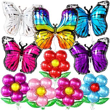 Imagem de Balão de borboleta colorida com balão floral – Pacote com 12 | Balões de flores, balões de borboleta Mylar, decorações de aniversário de borboleta | Balões florais de Mylar, decorações de chá de bebê com borboleta