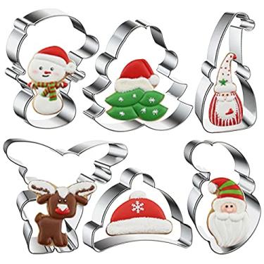 Imagem de Conjunto de cortadores de biscoito de Natal 6 peças cortadores de biscoito de natal de aço inoxidável rena, Papai Noel, árvore de Natal para cozinha assar cortadores de biscoito