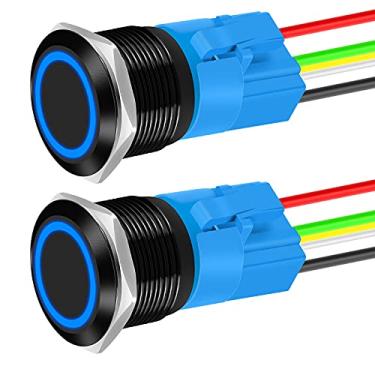 Imagem de DaierTek Interruptor de botão de travamento 12 V à prova d'água LED azul 22 mm interruptor de botão de metal 12 volts DC ON Off redondo interruptor de botão para carro barco marinho -2 peças