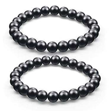 Imagem de Hicarer Pulseira Shungite de 2 peças de contas de shungite de cristal com pedras elásticas energéticas para homens e mulheres, 8 mm, schungite, Sem metal