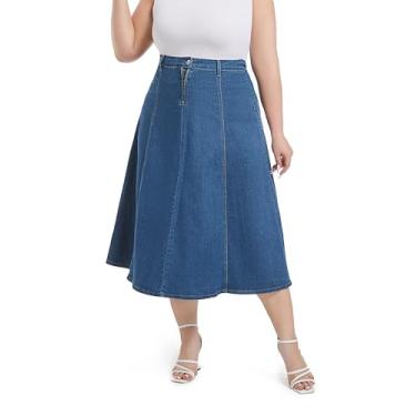 Imagem de CHICAURA Saia jeans feminina plus size evasê longa jeans em azul para mulheres curvilíneas, Azul, 3X