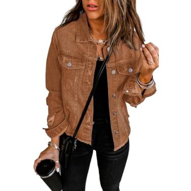 Imagem de Necooer Jaqueta jeans feminina envelhecida lavada abotoada namorado jaqueta jeans casaco com bolsos, Marrom A, XXG