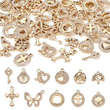 Imagem de Bestewelry Pingentes de strass dourado, 44 peças, pingentes de cristal, cruz, coração, árvore, borboleta, pingentes de liga vazada brilhante para DIY, colar, pulseira, brincos, artesanato, joias, 11