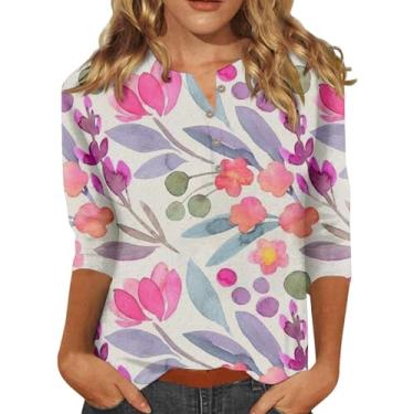 Imagem de Camisetas femininas com gola V e manga 3/4, casuais, básicas, de verão, estampa floral, botões, solta, túnica, #01 - roxo, G