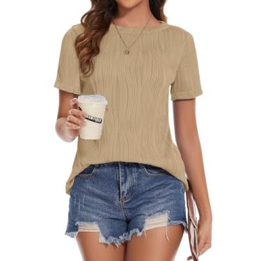 Imagem de Micoson Camisetas femininas de verão de manga curta, gola redonda, casual, texturizada, básica, lisa, Caqui, XXG