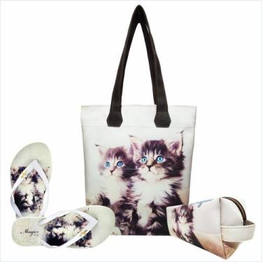 Imagem de Kit Pet Feminino Gatinhos Olhos Azuis com Bolsa, Necessaire e Chinelo,