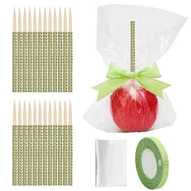 Imagem de Kit de 48 + 1 bastão de bambu de maçã doce Anglecai 24P para espetos de madeira de strass de maçã, com 24 sacos de 24P, 1P fita de glitter de 25 jardas, bastão brilhante para caramelo, maçã pirulito crocante (grama)