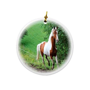 Imagem de Rikki Knight Ornamentos de Natal de dois lados em porcelana redonda design galopante de cavalo em campo