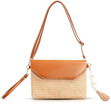 Imagem de Bolsas clutch para mulheres, bolsa de palha feita à mão boêmia, bolsas transversais de couro dobrável com chaveiro de borla, pacote de envelope de tecido inclui alça de ombro longa ajustável e alça de