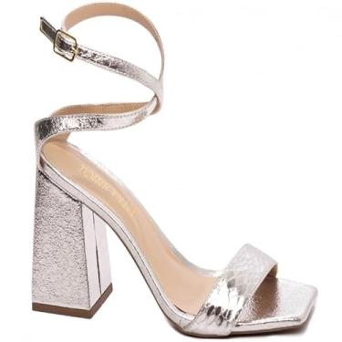 Imagem de Sandália Feminino Napa Metalizado Salto Grosso 9 (Prata, BR, Adulto, Numérico, 38)