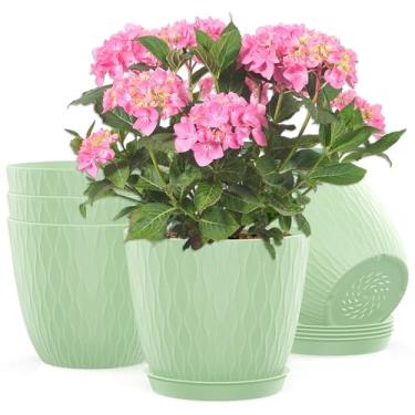 Imagem de KAHEAUM Vasos de flores de plástico, pacote com 5, vasos de plantas de interior de 15 cm, para plantas ao ar livre, flores, jardim, pátio, casa, berçário, decoração, presentes, vasos grandes para