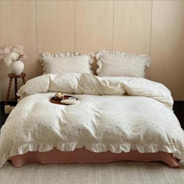 Imagem de BuLuTu Capa de edredom chique vintage floral solteiro para crianças, meninas, meninos, 100% algodão, musselina com babados, 172 x 218 cm, estampa de prímula, macio, respirável, fecho de zíper, sem