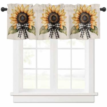 Imagem de Cortina de girassol retrô preto branco búfalo xadrez arco curto cortinas topper, tratamento de janela para cozinha, laço preto e branco floral cortina de bolso para varão para banheiro sala de estar