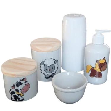 Imagem de Kit higiene bebê Fazendinha 5 Pçs - Potes, porta álcool e molhadeira p
