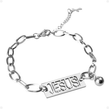 Imagem de pulseira masculina prata aço inoxidável + pingente jesus cristo casual