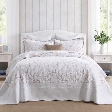 Imagem de Finlonte Colcha Queen extragrande 304,8 cm x 259,1 cm - 100% algodão bordado, colcha de cama acolchoada branca, dourada, leve, macia, extra grande, com 2 fronhas