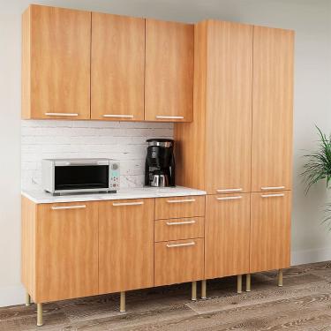 Imagem de Cozinha Compacta Jasmine CZ1101 200cm 04 Peças 09 Portas e 03 Gavetas com Divisor de Talheres Freijó Mármore Branco Tecnomobili