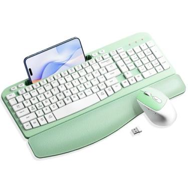 Imagem de Combo de teclado e mouse sem fio, teclado ergonômico Wave Keys com descanso almofadado, suporte de telefone, conjunto de mouse sem fio silencioso de 6 botões de 2,4 GHz para laptop, PC, Windows, Mac