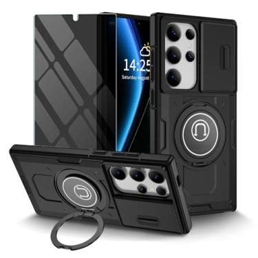 Imagem de Wetinforu Capa para Samsung Galaxy S25 Ultra, capa de câmera deslizante embutida e anel giratório com suporte para S25 Ultra com [1x protetor de tela de privacidade], capa protetora militar resistente