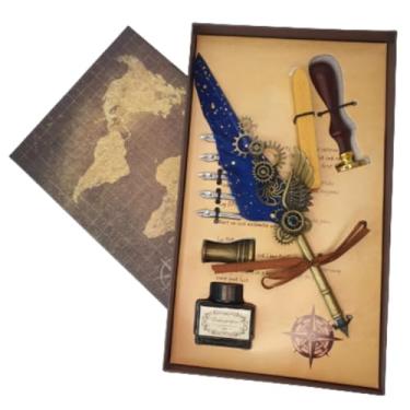 Imagem de Kit Caneta Tinteiro Pena Engrenagem Azul Com Carimbo