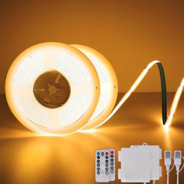 Imagem de OMIKA Fita de luzes de LED COB, 2700K branco quente alimentado por bateria 640 LED 1,5 m com temporizador remoto, luzes de fita cortável flexível regulável para prateleiras de armário quarto (pacote