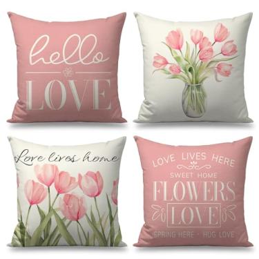 Imagem de FUYUCHEN Capas de travesseiro 40,6 x 40,6 cm conjunto de 4 tulipas casa doce lar rosa fronhas decorativas Hello Summer Spring Seasonal Farmhouse Decorações para sofá sofá